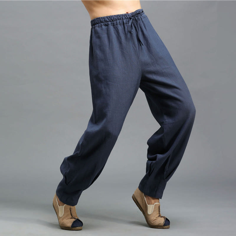 Casual Plain Color Elastic Drawstring Ramie Linen Men's Pants With Pockets