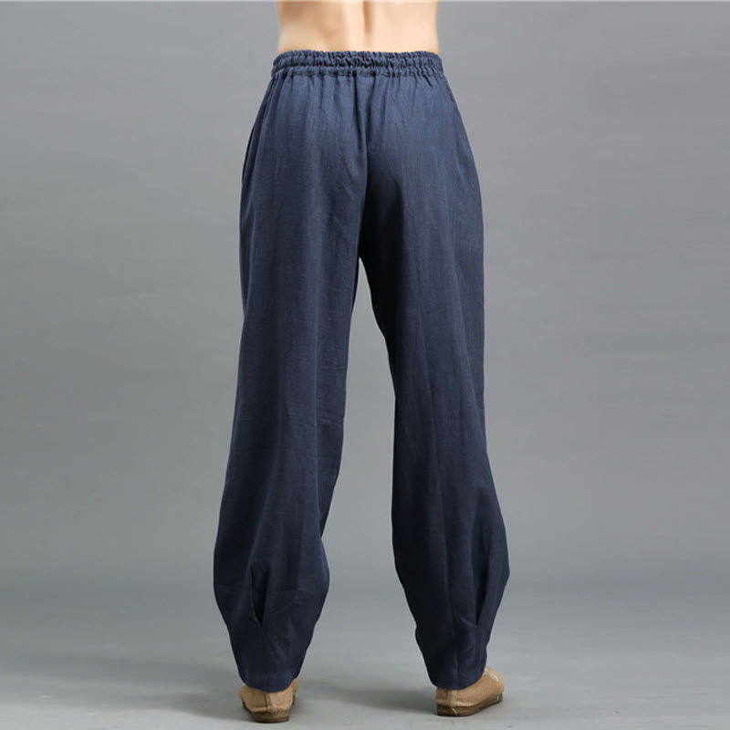 Casual Plain Color Elastic Drawstring Ramie Linen Men's Pants With Pockets
