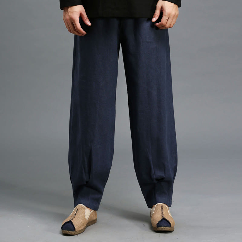 Casual Plain Color Elastic Drawstring Ramie Linen Men's Pants With Pockets