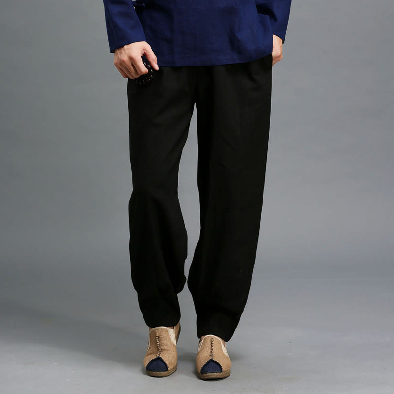 Casual Plain Color Elastic Drawstring Ramie Linen Men's Pants With Pockets