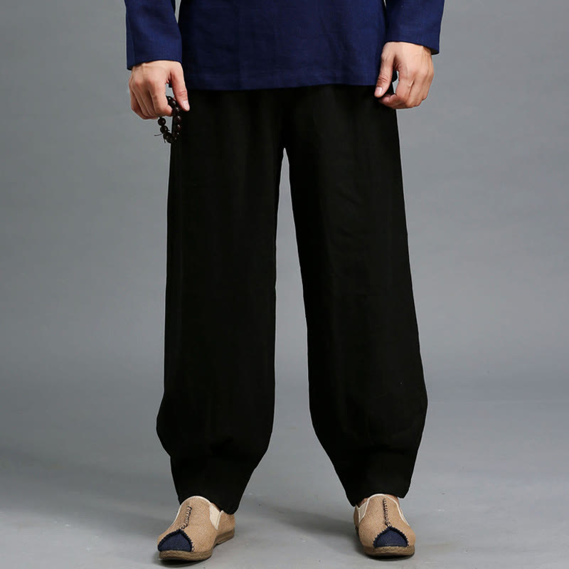 Casual Plain Color Elastic Drawstring Ramie Linen Men's Pants With Pockets