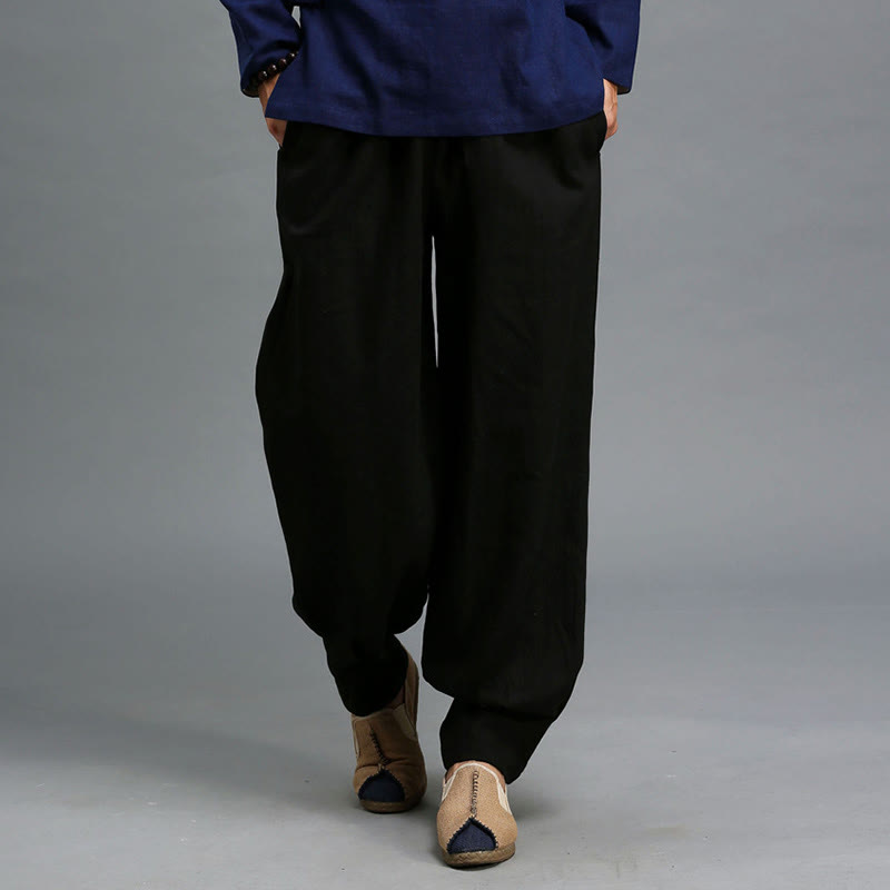 Casual Plain Color Elastic Drawstring Ramie Linen Men's Pants With Pockets