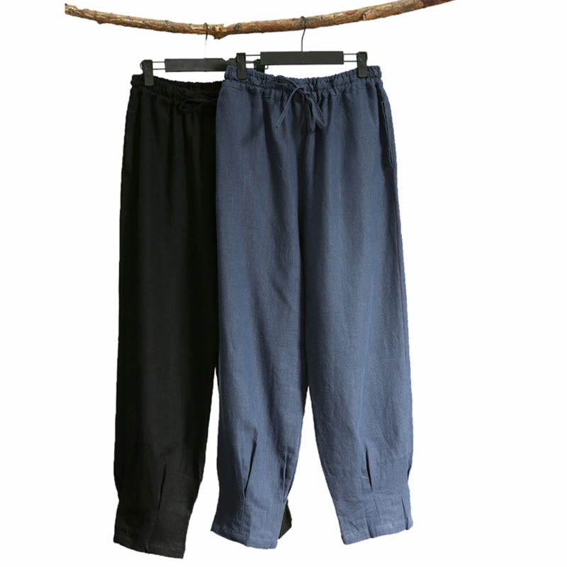 Casual Plain Color Elastic Drawstring Ramie Linen Men's Pants With Pockets