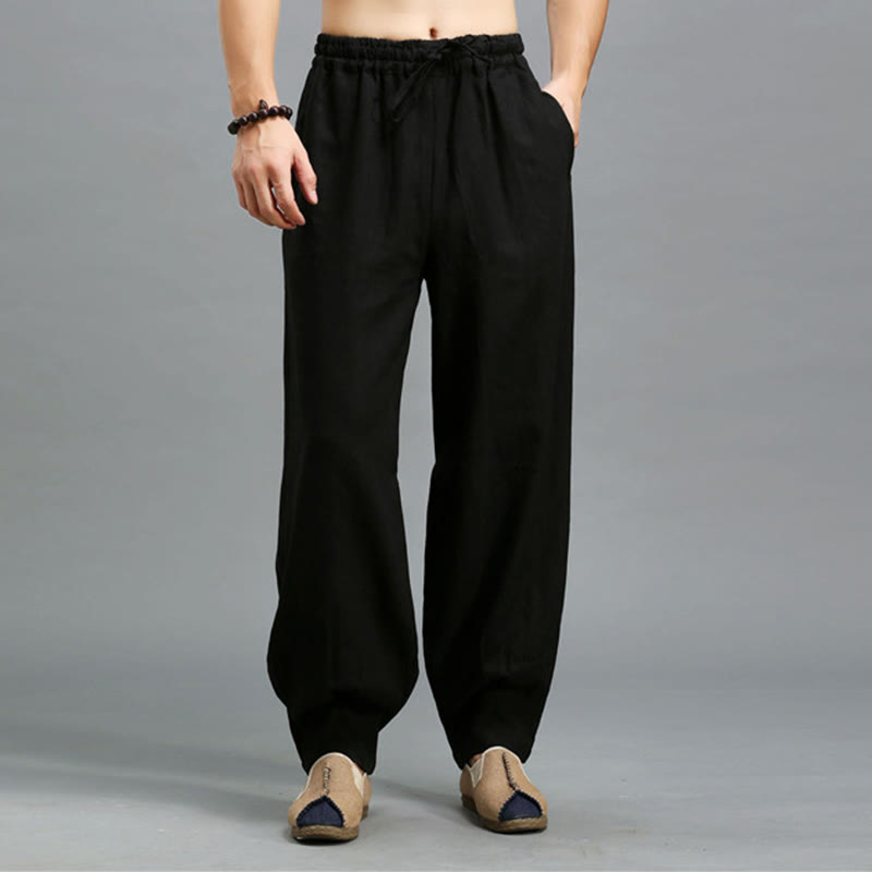 Casual Plain Color Elastic Drawstring Ramie Linen Men's Pants With Pockets