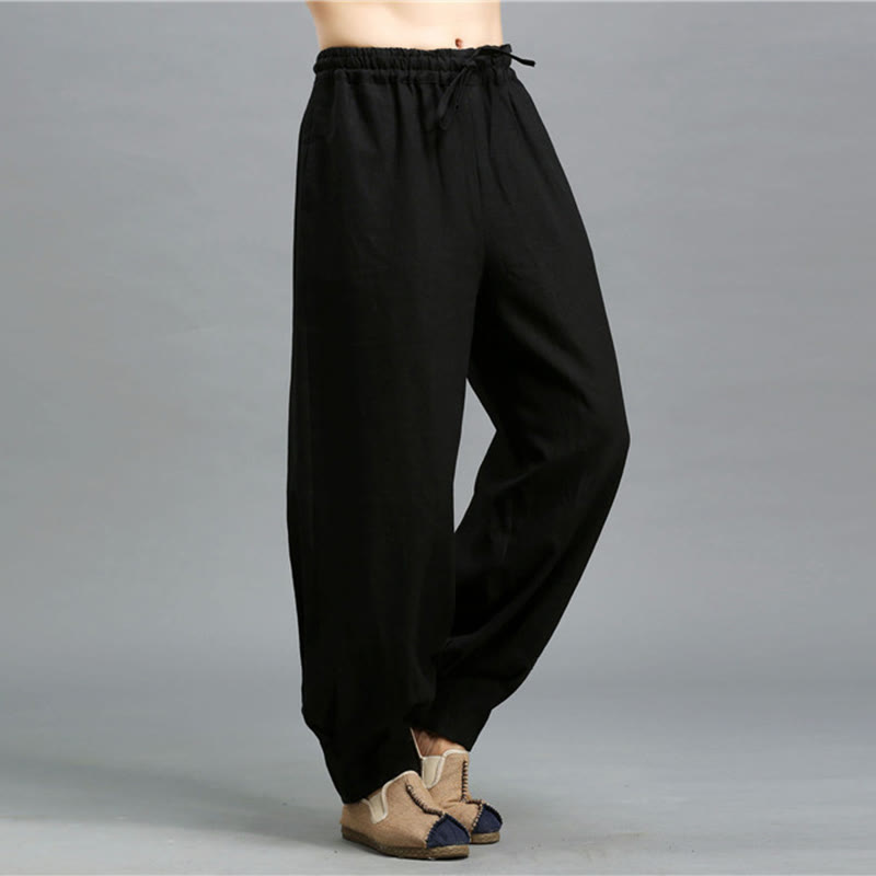 Casual Plain Color Elastic Drawstring Ramie Linen Men's Pants With Pockets