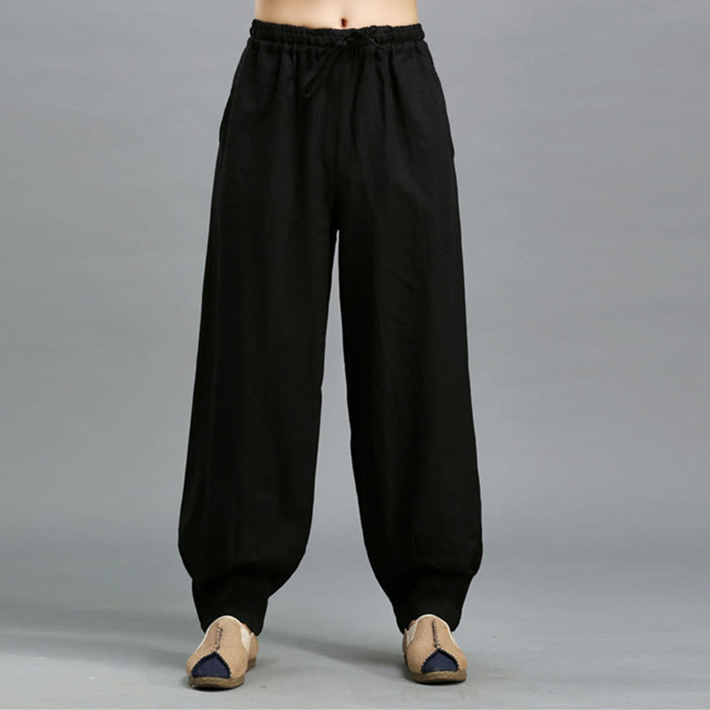 Casual Plain Color Elastic Drawstring Ramie Linen Men's Pants With Pockets