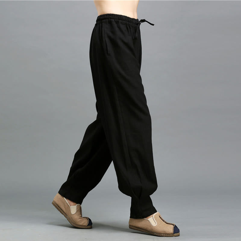 Casual Plain Color Elastic Drawstring Ramie Linen Men's Pants With Pockets