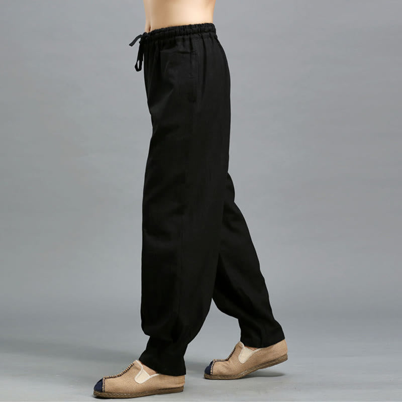 Casual Plain Color Elastic Drawstring Ramie Linen Men's Pants With Pockets
