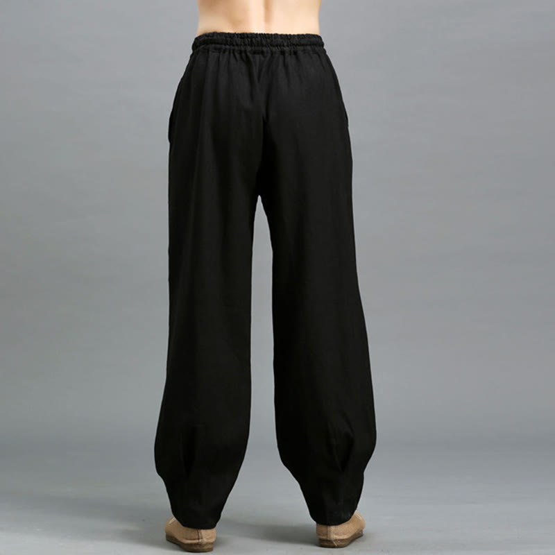 Casual Plain Color Elastic Drawstring Ramie Linen Men's Pants With Pockets
