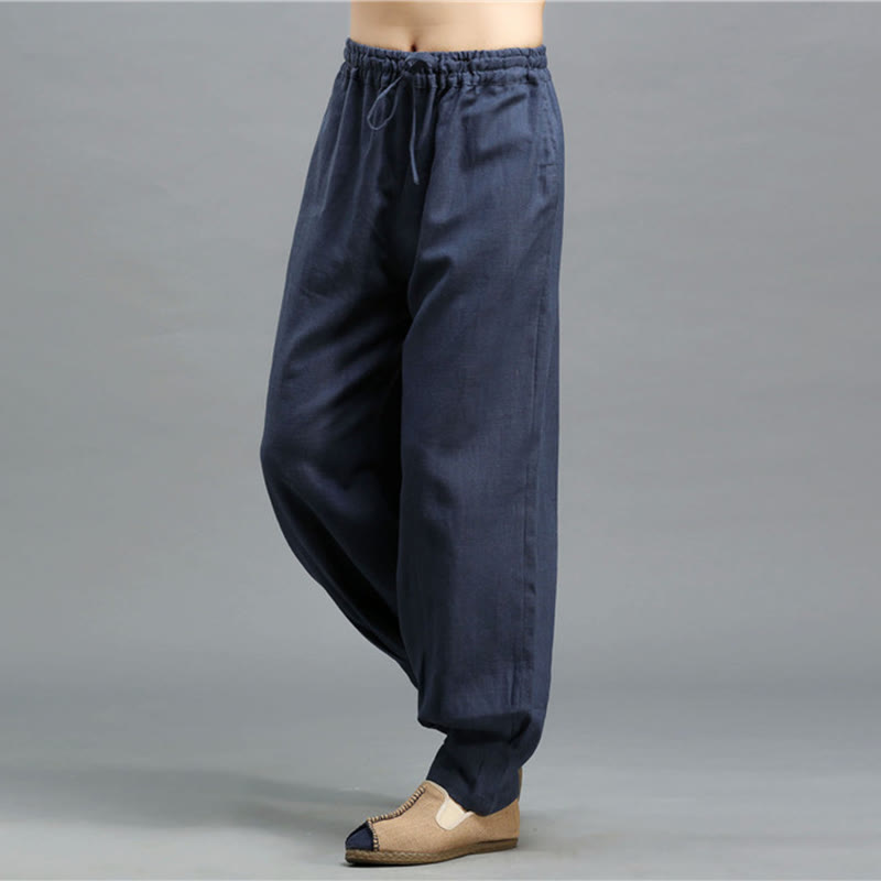 Casual Plain Color Elastic Drawstring Ramie Linen Men's Pants With Pockets
