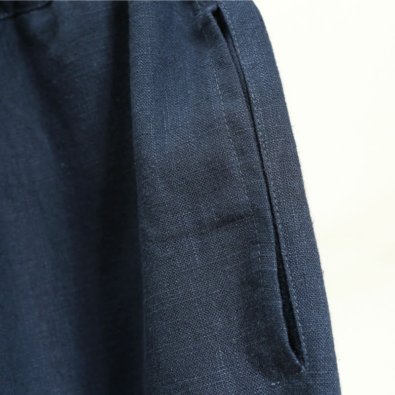 Casual Plain Color Elastic Drawstring Ramie Linen Men's Pants With Pockets