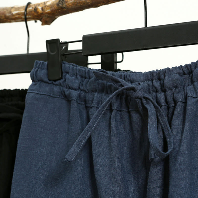 Casual Plain Color Elastic Drawstring Ramie Linen Men's Pants With Pockets