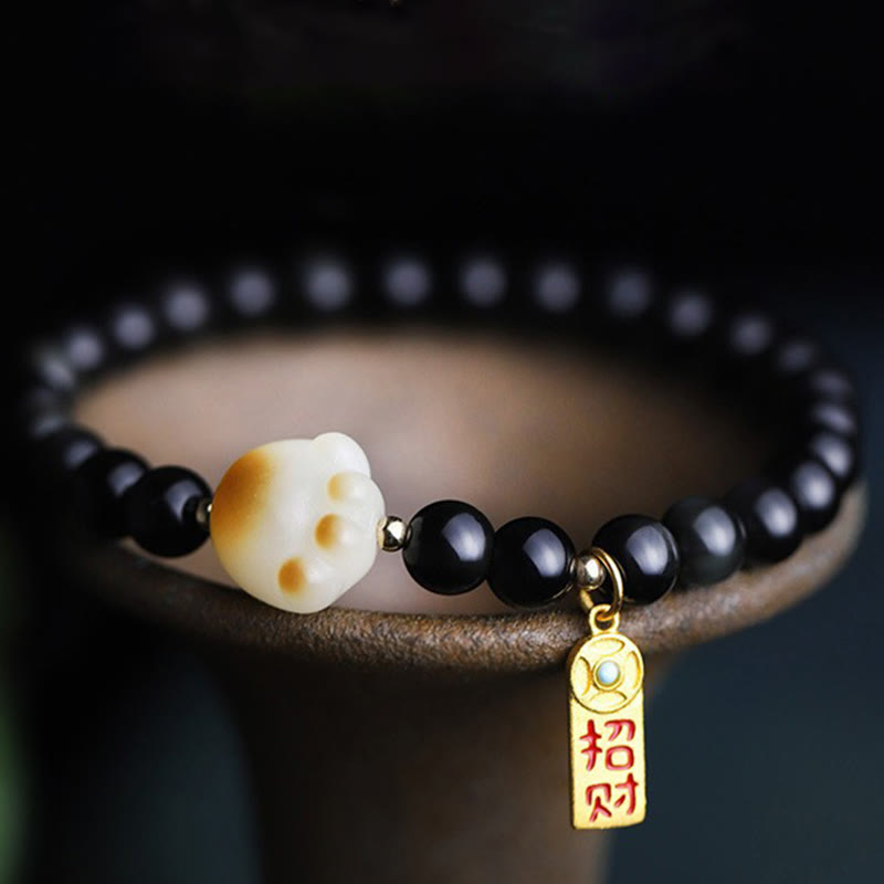 Black Obsidian Cat Paw Bodhi Seed Lucky Fortune Charm Purification Bracelet