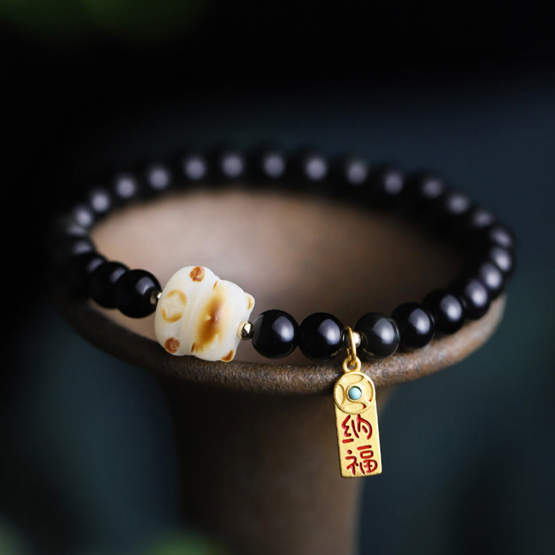 Black Obsidian Cat Paw Bodhi Seed Lucky Fortune Charm Purification Bracelet