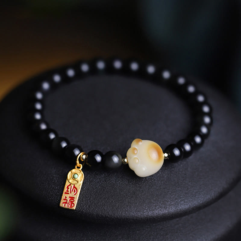 Black Obsidian Cat Paw Bodhi Seed Lucky Fortune Charm Purification Bracelet