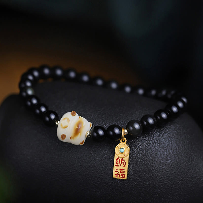 Black Obsidian Cat Paw Bodhi Seed Lucky Fortune Charm Purification Bracelet