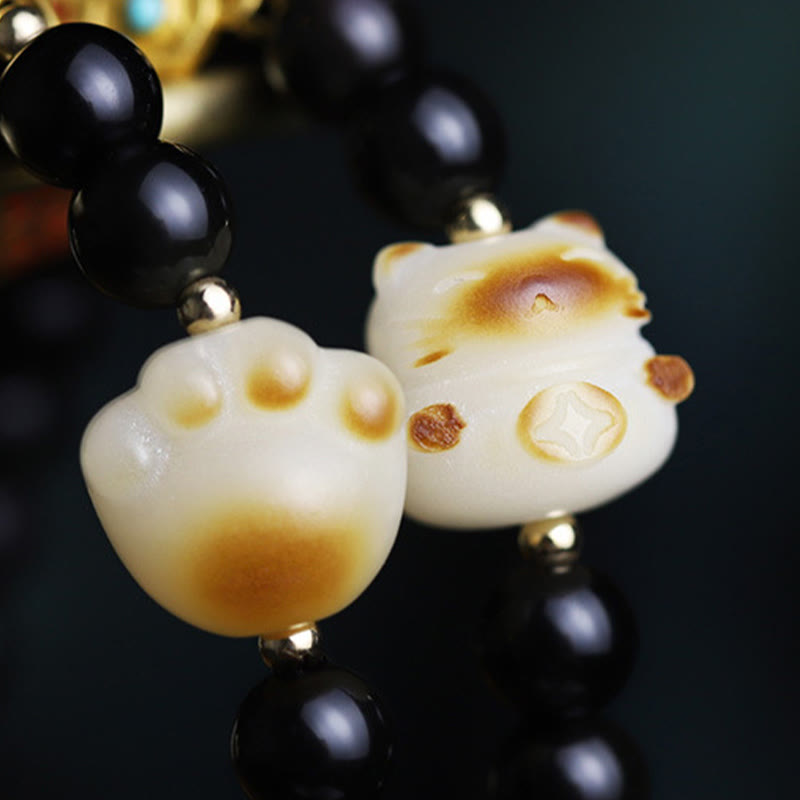 Black Obsidian Cat Paw Bodhi Seed Lucky Fortune Charm Purification Bracelet