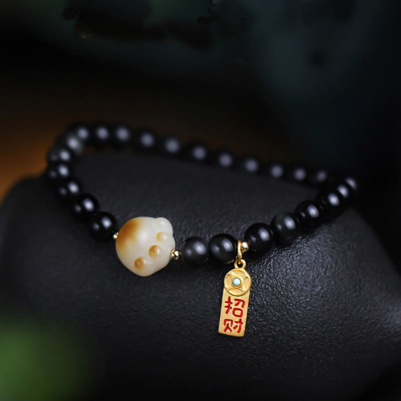 Black Obsidian Cat Paw Bodhi Seed Lucky Fortune Charm Purification Bracelet