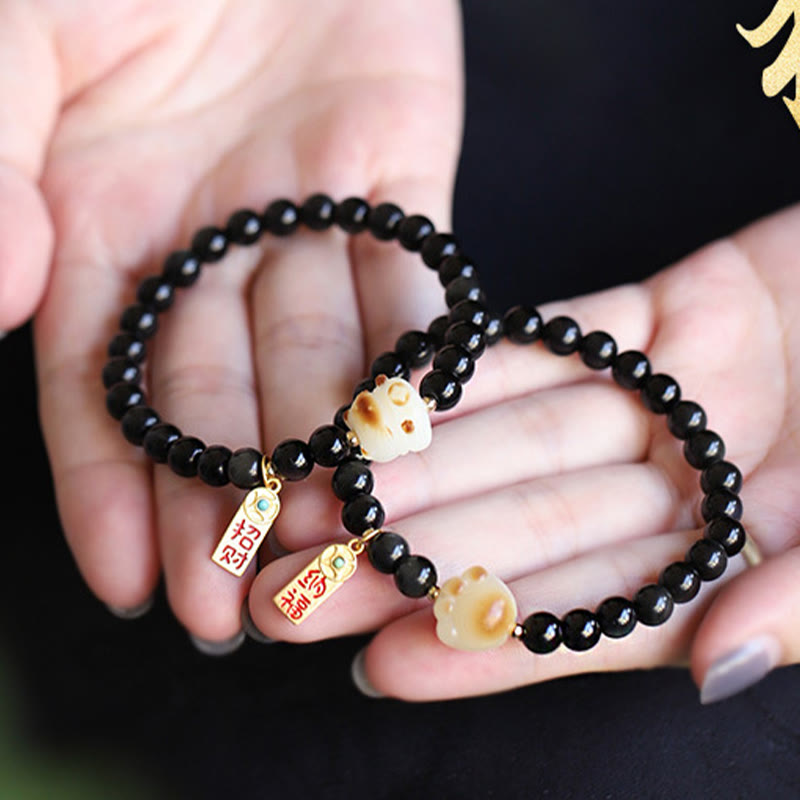 Black Obsidian Cat Paw Bodhi Seed Lucky Fortune Charm Purification Bracelet