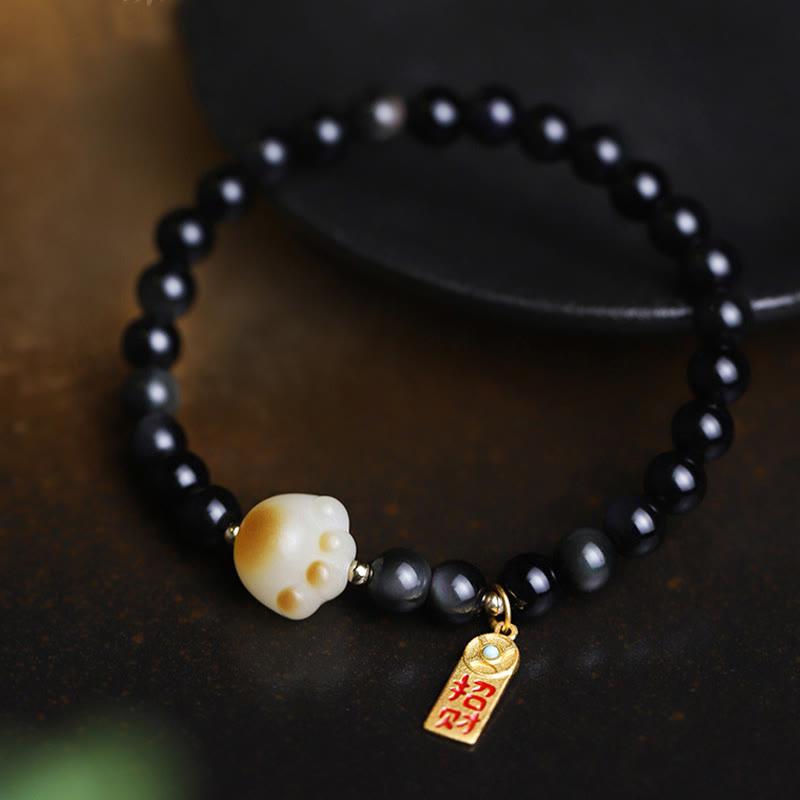 Black Obsidian Cat Paw Bodhi Seed Lucky Fortune Charm Purification Bracelet