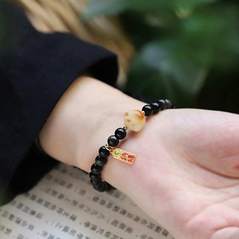 Black Obsidian Cat Paw Bodhi Seed Lucky Fortune Charm Purification Bracelet