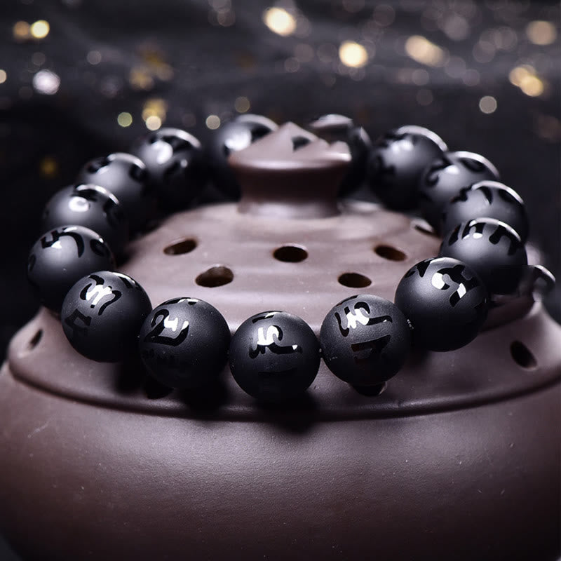 Natural Black Onyx Om Mani Padme Hum Carved Protection Bracelet
