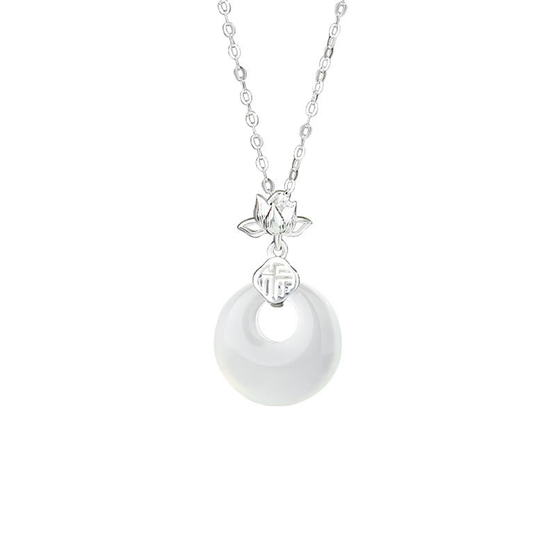 Chalcedony 925 Sterling Silver Lotus Flower Fu Character Peace Buckle Positive Necklace Pendant