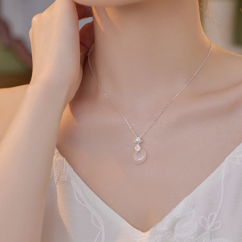 Chalcedony 925 Sterling Silver Lotus Flower Fu Character Peace Buckle Positive Necklace Pendant
