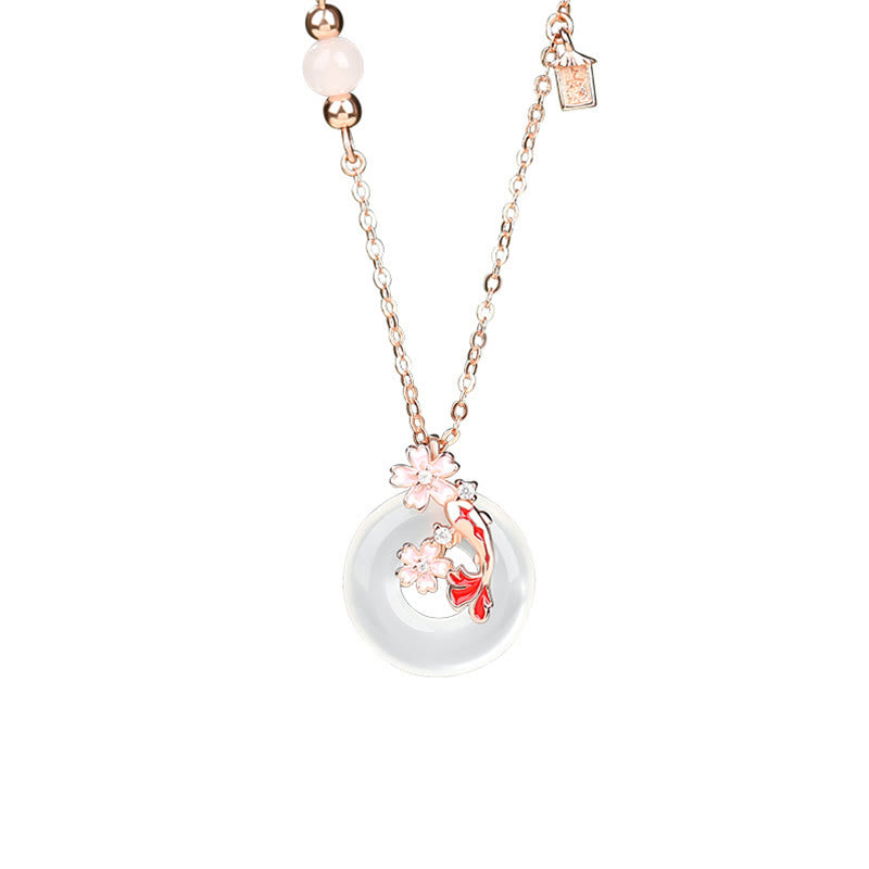 Chalcedony Pink Crystal 925 Sterling Silver Flowers Koi Fish Peace Buckle Positive Necklace Pendant