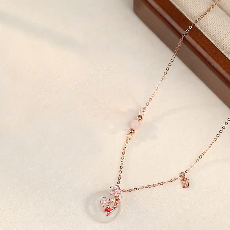 Chalcedony Pink Crystal 925 Sterling Silver Flowers Koi Fish Peace Buckle Positive Necklace Pendant