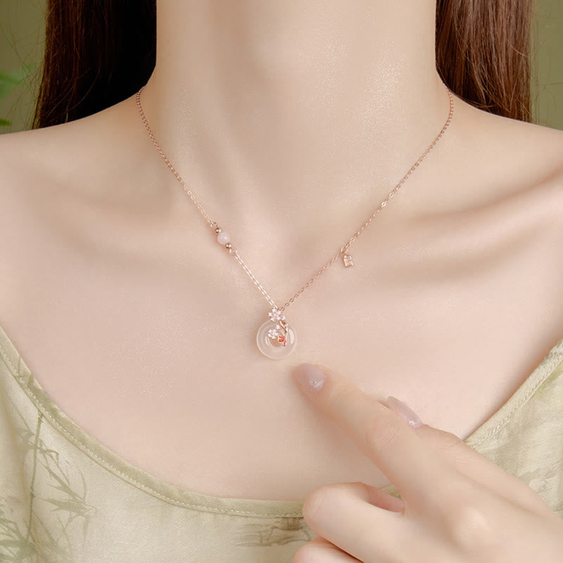 Chalcedony Pink Crystal 925 Sterling Silver Flowers Koi Fish Peace Buckle Positive Necklace Pendant