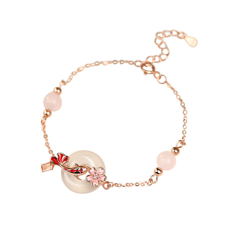 Hand-Carved Chalcedony Koi Ping An Kou & Rose Quartz 925 Sterling Silver Bracelet