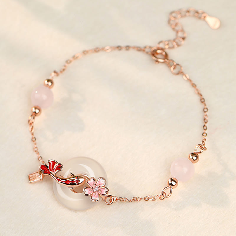 Hand-Carved Chalcedony Koi Ping An Kou & Rose Quartz 925 Sterling Silver Bracelet