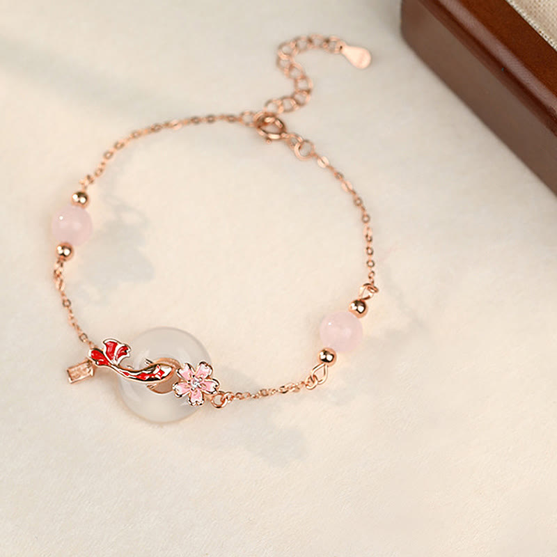 Hand-Carved Chalcedony Koi Ping An Kou & Rose Quartz 925 Sterling Silver Bracelet