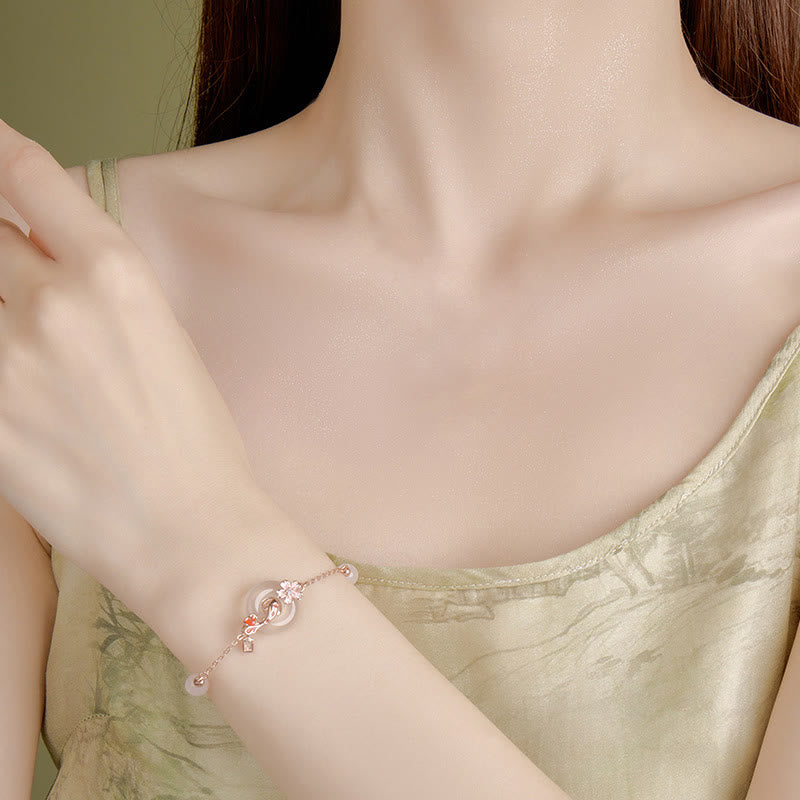 Hand-Carved Chalcedony Koi Ping An Kou & Rose Quartz 925 Sterling Silver Bracelet
