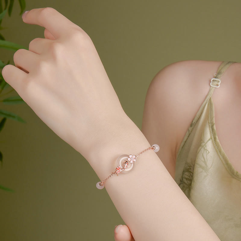 Hand-Carved Chalcedony Koi Ping An Kou & Rose Quartz 925 Sterling Silver Bracelet