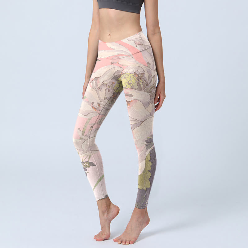 Withered White Lotus Print Gym Leggings Women's Yoga Pants