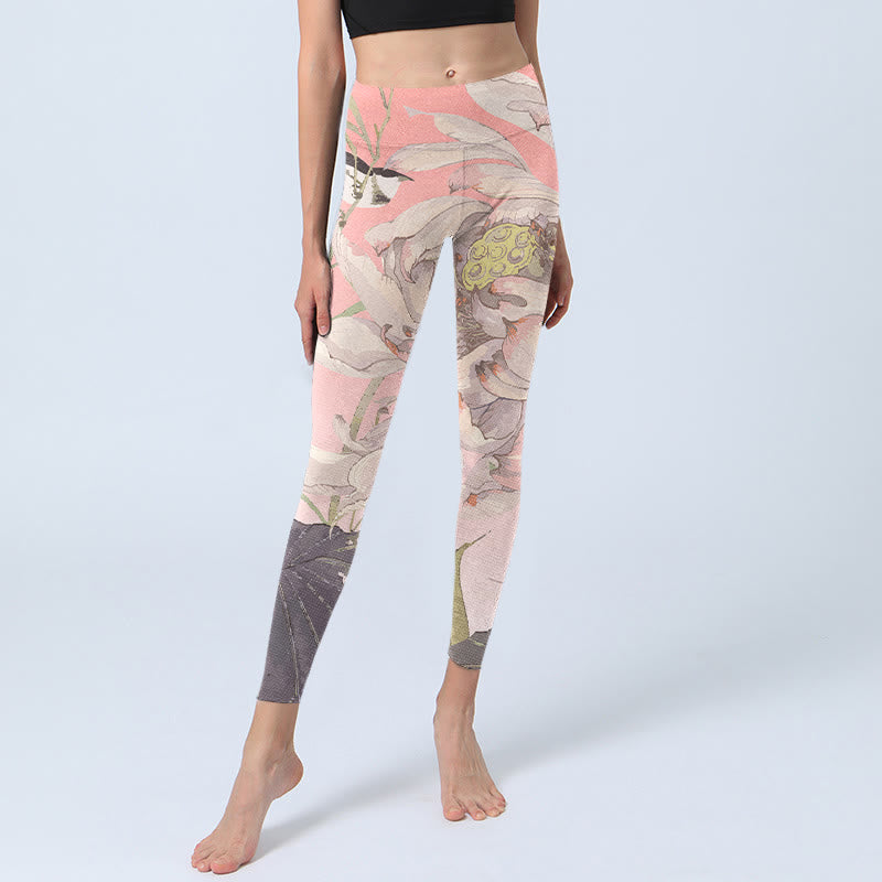 Withered White Lotus Print Gym Leggings Women's Yoga Pants