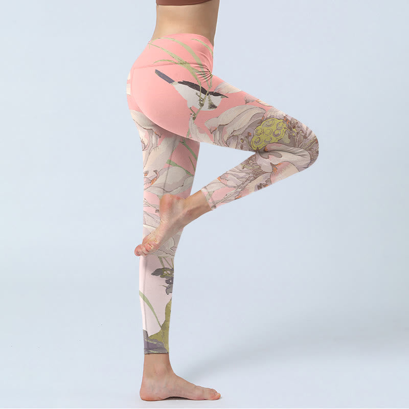 Withered White Lotus Print Gym Leggings Women's Yoga Pants