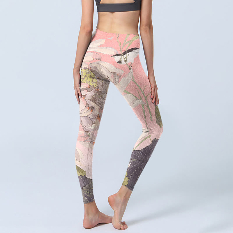 Withered White Lotus Print Gym Leggings Women's Yoga Pants