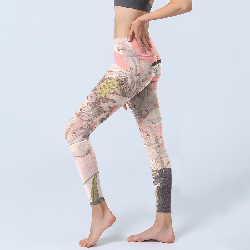 Withered White Lotus Print Gym Leggings Women's Yoga Pants