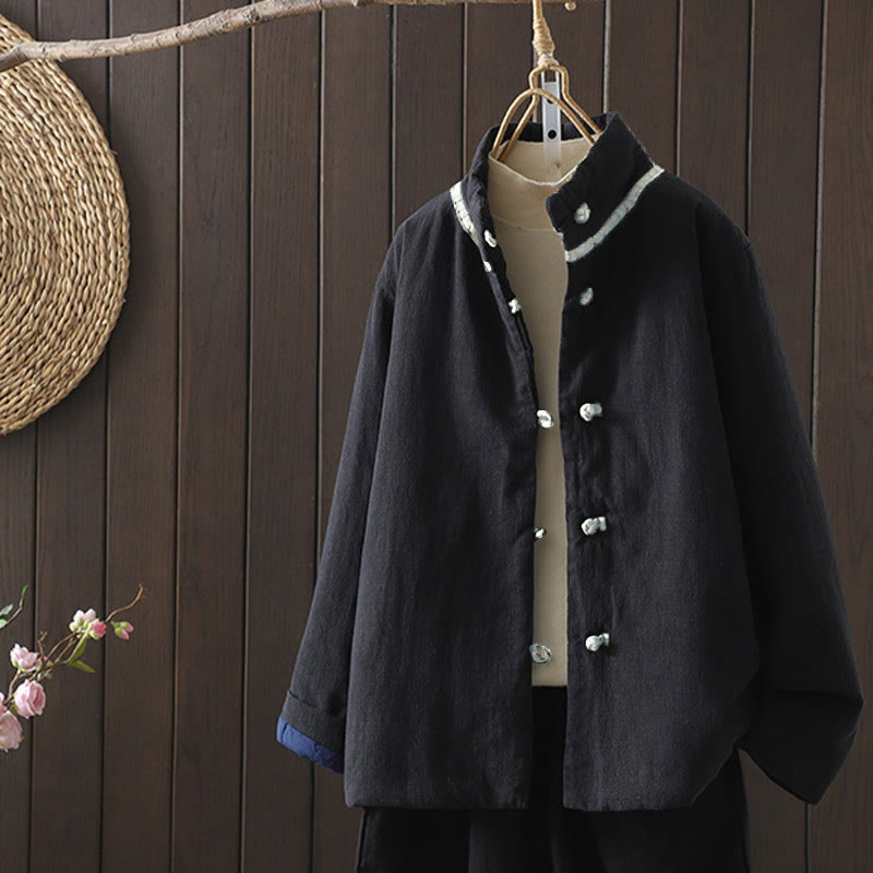 Solid Color Casual Frog-button Turtleneck Cotton Linen Women's Jacket Shirts Clothing