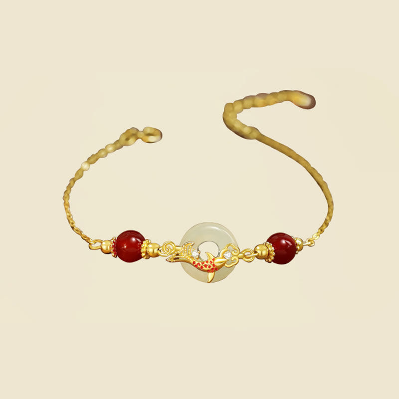 Natural Hetian Jade 925 Sterling Silver Plated Gold Red Agate Beads Koi Fish Peace Buckle Luck Bracelet