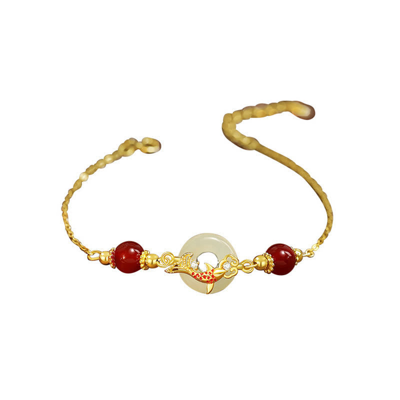 Natural Hetian Jade 925 Sterling Silver Plated Gold Red Agate Beads Koi Fish Peace Buckle Luck Bracelet