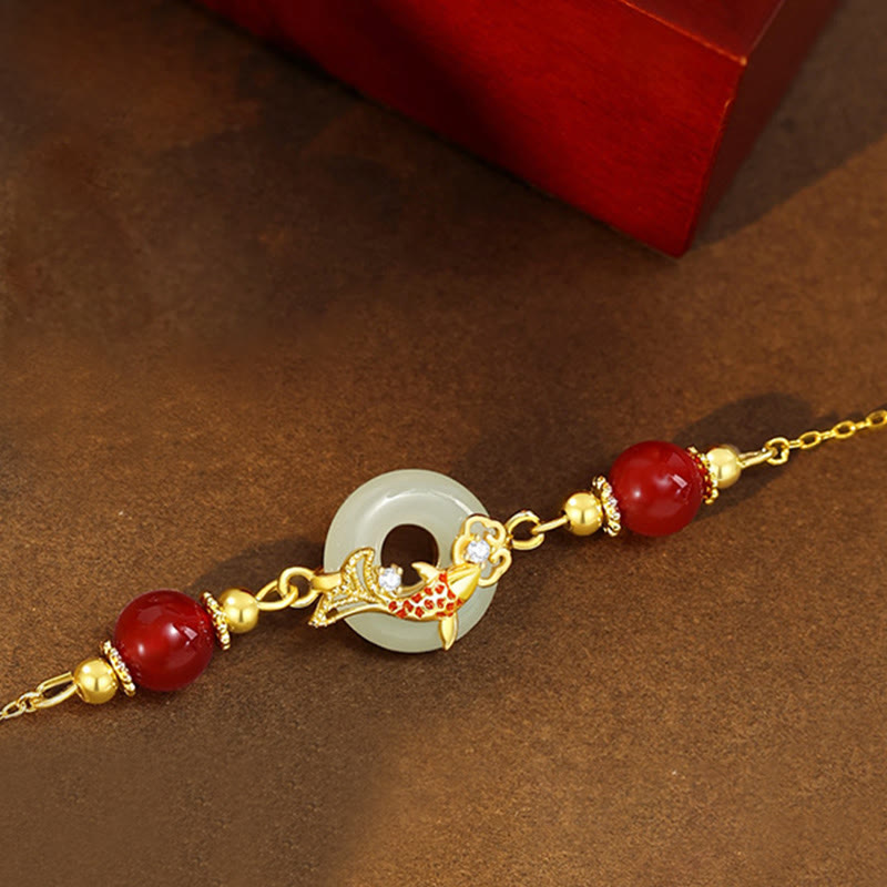Natural Hetian Jade 925 Sterling Silver Plated Gold Red Agate Beads Koi Fish Peace Buckle Luck Bracelet