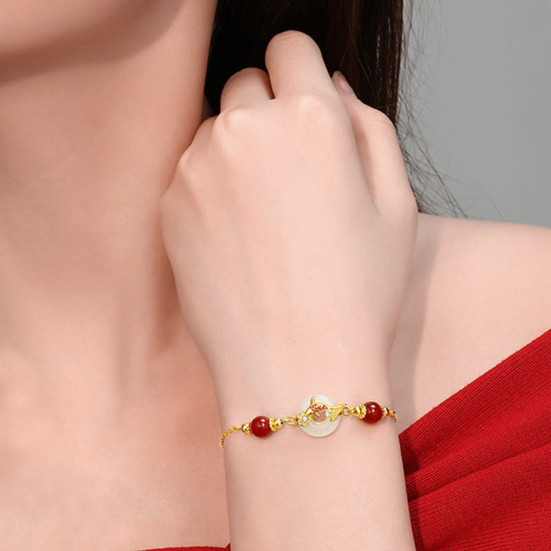 Natural Hetian Jade 925 Sterling Silver Plated Gold Red Agate Beads Koi Fish Peace Buckle Luck Bracelet