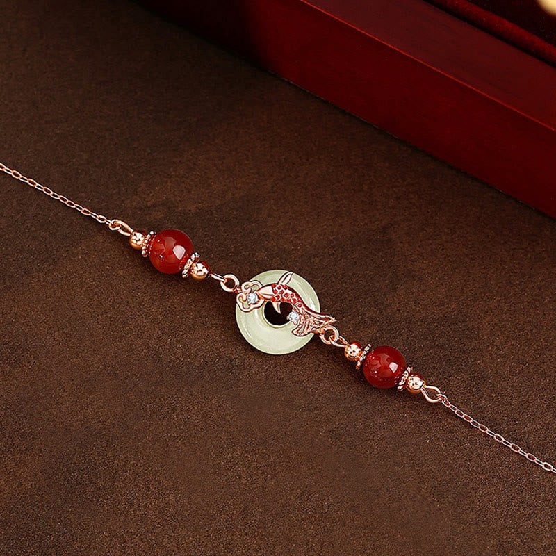 Natural Hetian Jade 925 Sterling Silver Plated Gold Red Agate Beads Koi Fish Peace Buckle Luck Bracelet