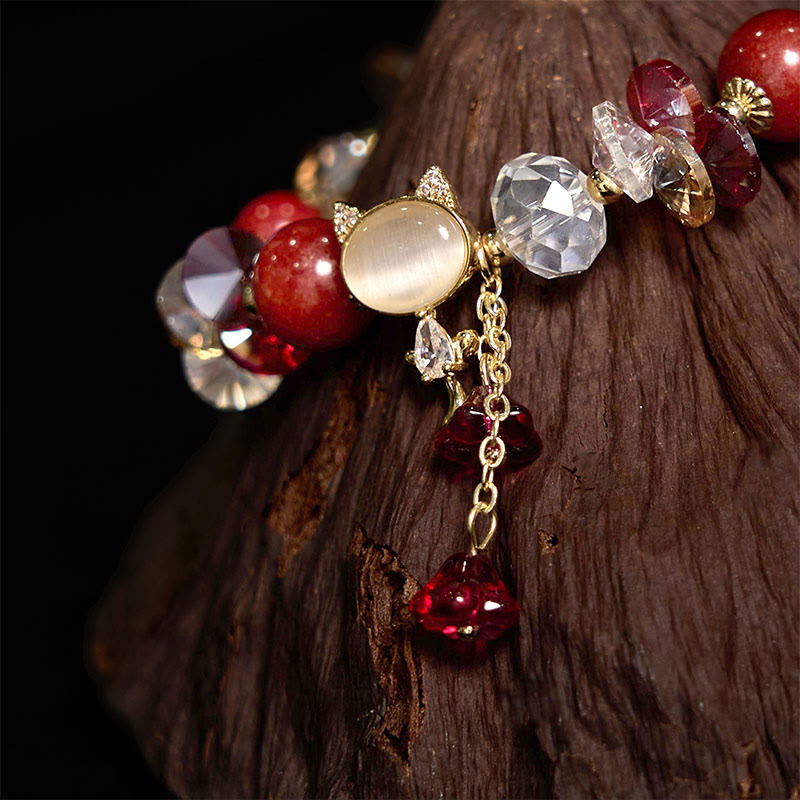 Hand-Carved Cat's Eye & Clear Quartz Beaded Gemstone Bracelet