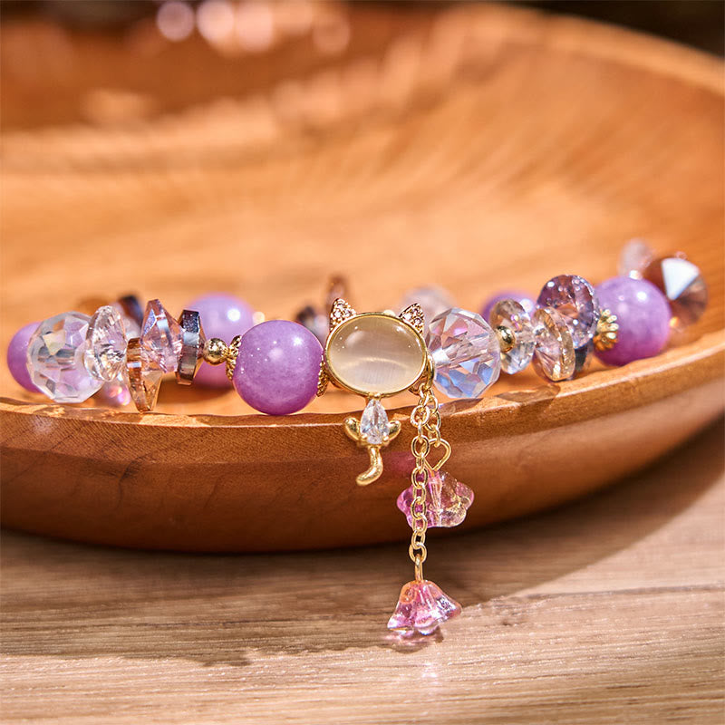 Hand-Carved Cat's Eye & Clear Quartz Beaded Gemstone Bracelet