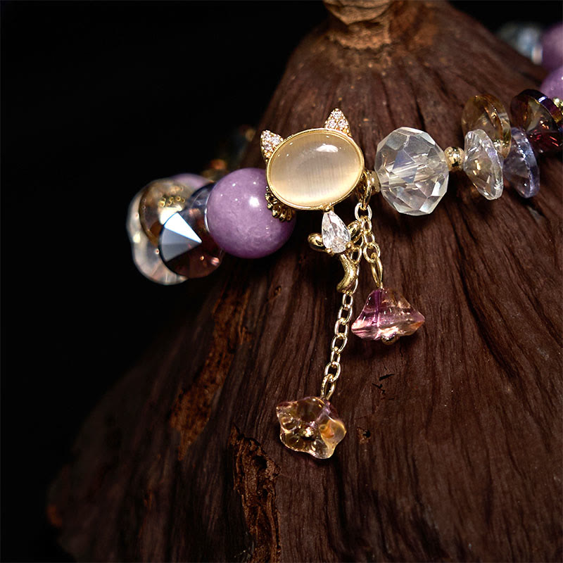 Hand-Carved Cat's Eye & Clear Quartz Beaded Gemstone Bracelet